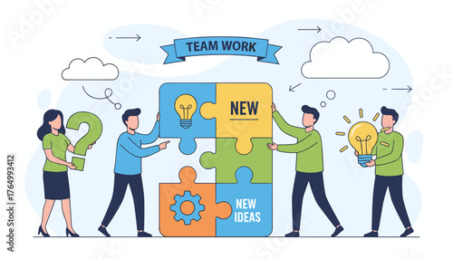 Vibrant illustration of a diverse team collaborating to assemble a large jigsaw puzzle, symbolizing teamwork, new ideas, innovation, and problem-solving, with elements like a lightbulb, gear, and