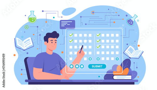 Young man sitting at a desk and filling out an online survey form on a digital interface, with checkmarks indicating completed tasks and a submit button, surrounded by educational elements like books