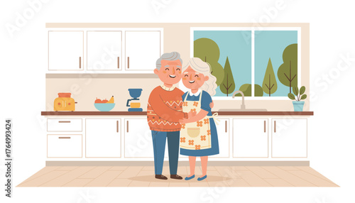Charming illustration of a happy elderly couple embracing and smiling warmly in a cozy, well-lit kitchen, with a window overlooking a serene green landscape, conveying love and companionship.