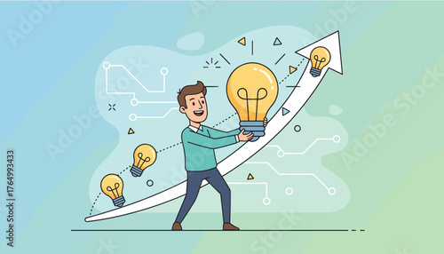 Man holding a glowing light bulb, symbolizing innovation and creativity, ascending on a growth chart with multiple idea bulbs, representing business success and technological advancement, against a