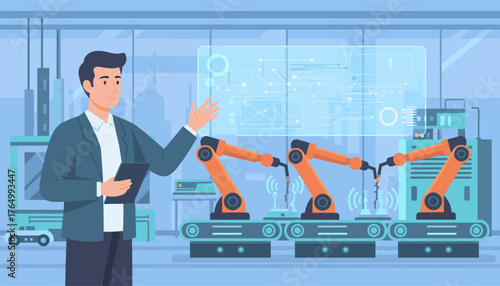 A smiling manager or engineer in a suit, holding a tablet, gestures towards a futuristic holographic display showing a circuit board, while robotic arms assemble products on a conveyor belt in a