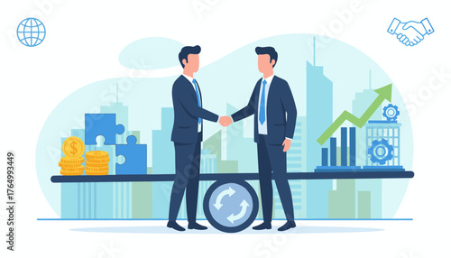 Successful business negotiation and partnership agreement depicted with two businessmen shaking hands, symbolizing trust and collaboration, against a backdrop of city skyline, financial charts