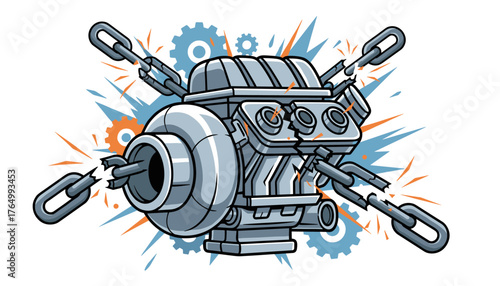 Dynamic illustration of a powerful metallic car engine component, possibly a turbocharger or cylinder head, with chains breaking apart, symbolizing failure, breakdown, or the end of an era, set
