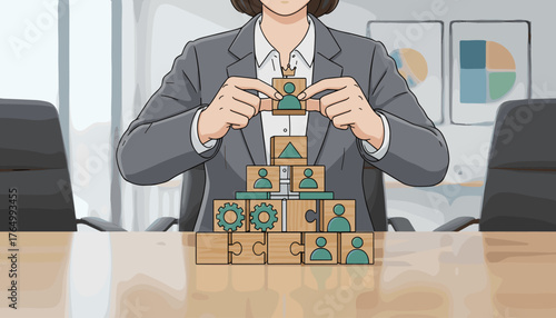 Midsection of a businesswoman in a gray suit, meticulously stacking wooden blocks to build a hierarchical pyramid representing team structure, career growth, and organizational chart, symbolizing