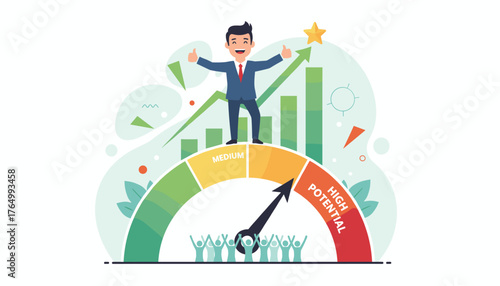 Successful businessman standing on a performance meter indicating high potential, with a rising graph and a star symbolizing achievement, representing career growth and employee evaluation in a