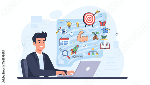 Vibrant flat illustration of a smiling businessman working on a laptop, surrounded by icons symbolizing personal growth, creativity, vision, and motivation, including a target, lightbulb, growing