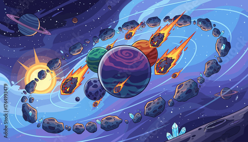 Vibrant cartoon illustration of a cosmic scene featuring a bright sun, ringed planet, colorful planets, a swirling asteroid belt with fiery meteorites, and sparkling crystals in deep space