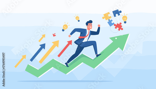 Dynamic illustration of a businessman in a suit running uphill on a green arrow graph, symbolizing progress, motivation, and achieving goals, with puzzle pieces, lightbulbs representing ideas, and