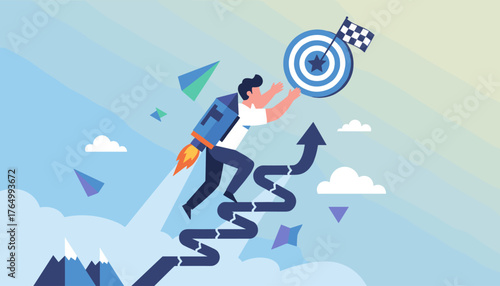 Dynamic vector illustration depicting a determined businessman with a rocket pack ascending a winding arrow path towards a target with a checkered flag, symbolizing ambition, success, and upward