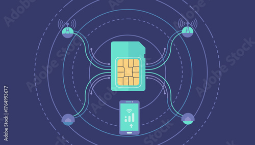 Abstract vector illustration depicting a mobile SIM card connected to a smartphone via a network of glowing lines and nodes, symbolizing connectivity and technology in a digital world. The central