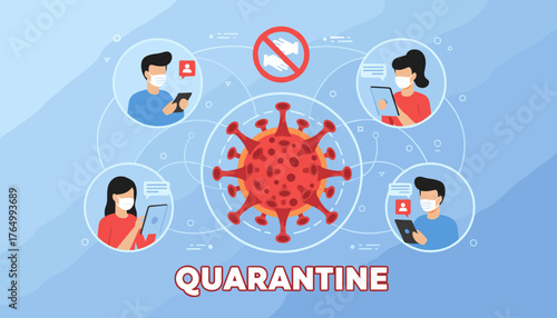 Vivid vector illustration depicting the novel coronavirus (2019-nCoV) at the center, surrounded by people in quarantine wearing face masks and interacting via digital devices, emphasizing social