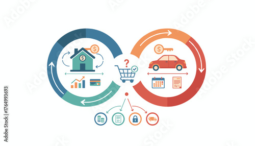 Modern flat illustration depicting the process of buying or leasing a car and a house, showcasing financial transactions, keys, contracts, calendars, and delivery trucks, symbolizing major life