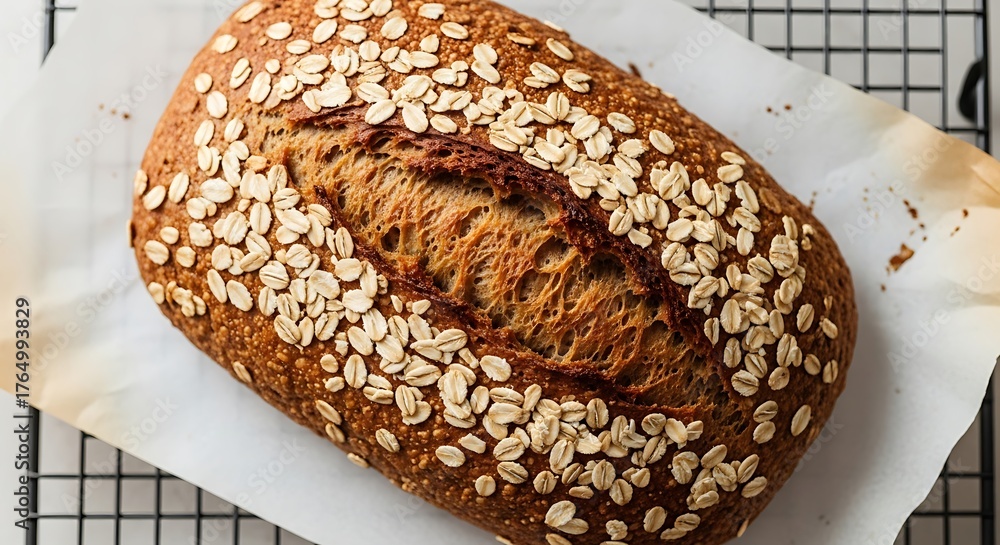 Fototapeta premium Rustic whole grain bread loaf with oats on a cooling rack