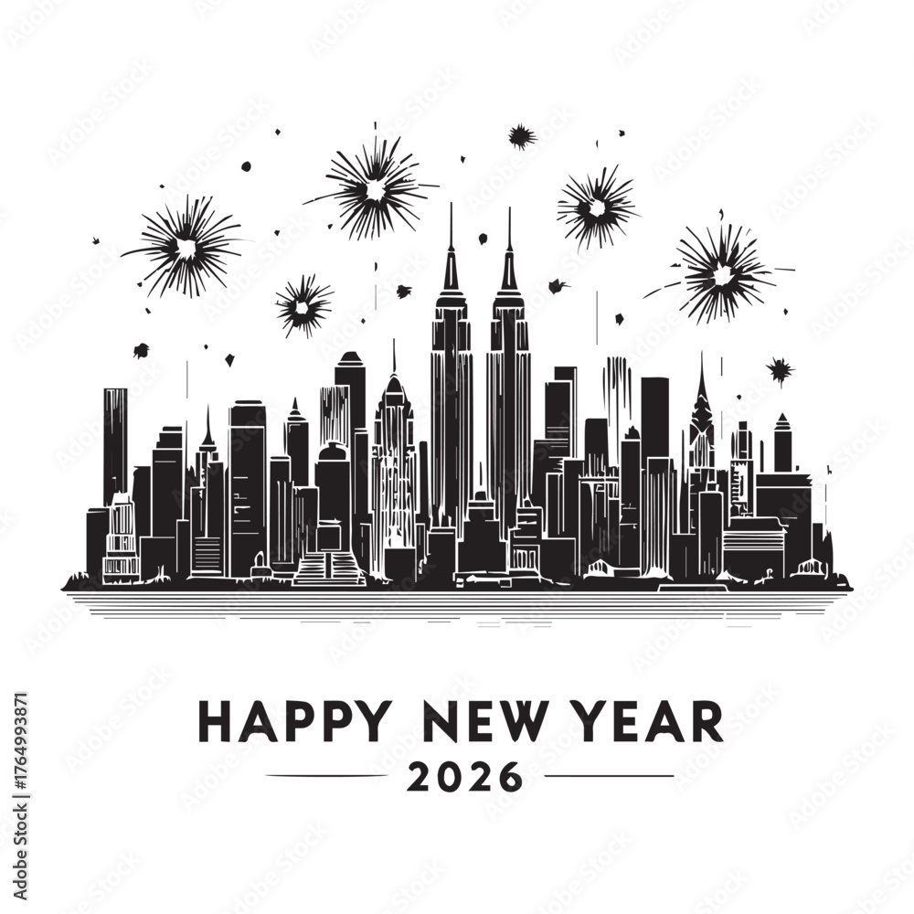 Fototapeta premium New York City Skyline Outline with Fireworks odern Happy New Year 2026 Design