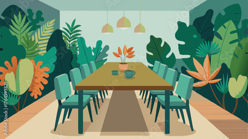 A dining room with a jungle mural on one wall and a long wooden table covered in succulents and cacti.