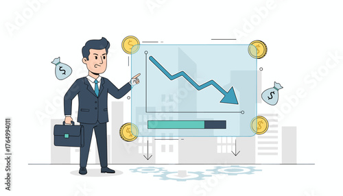 Business finance concept of cost reduction and financial crisis, with a businessman pointing at a downward trending graph, money bags, coins, and gears symbolizing economic recession and budget cuts