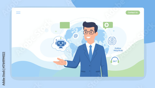 Modern digital customer service and support solution concept with a smiling businessman, AI chatbot, global network, email, and 24/7 helpdesk icons, representing online assistance and technological