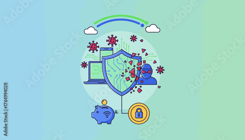 Cybersecurity concept with a hacker attacking a digital shield protecting devices and a piggy bank, representing data protection and financial security against viruses and online threats, modern flat