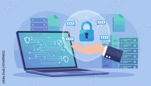 Cybersecurity concept illustration featuring a hand presenting a glowing padlock symbol, surrounded by abstract digital circuits, password indicators, and server racks, symbolizing data protection