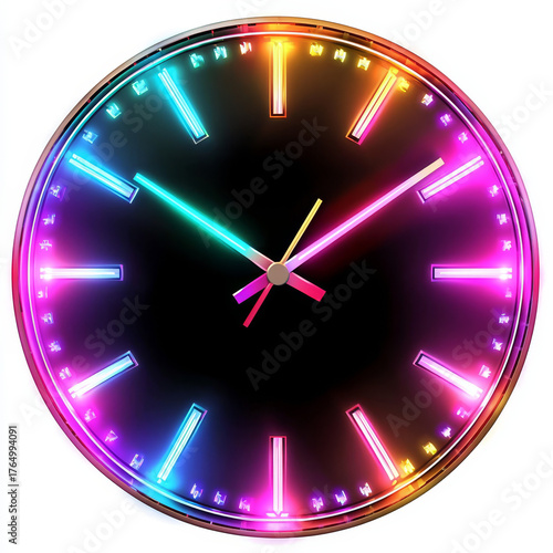Vibrant neon clock face glows with a spectrum of bright multicolored lights.