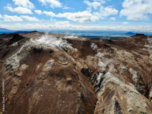 Stunning geothermal landscape with steam vents and rocky terrain