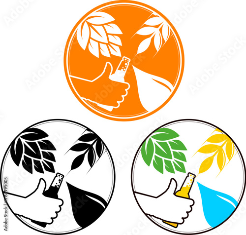 Bottle of beer in hand, hops, malt and water. Design for beer