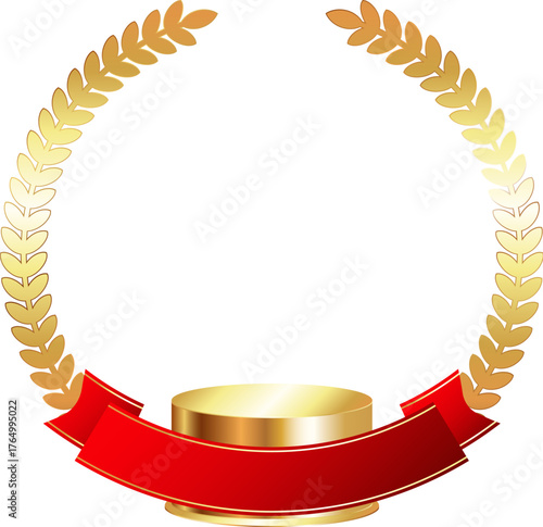Round gold pedestal, round wreath and red ribbon design