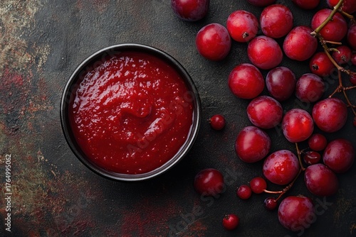 Plum jam top view. Bowl of red sauce on dark background of plums
