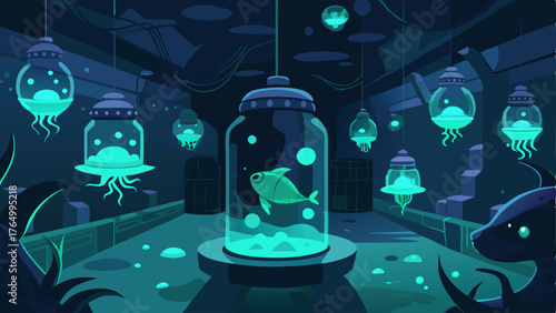 A dark room with glowing tanks showcases bioluminescent sea creatures giving off an eerie and mesmerizing glow.