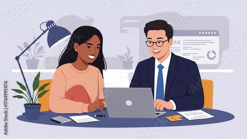 Two professionals, a woman and a man, collaborate at a desk with a laptop and papers