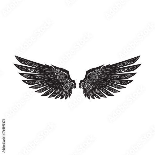 Steampunk Mechanical Wings Design with Gears and Cogs on White Background