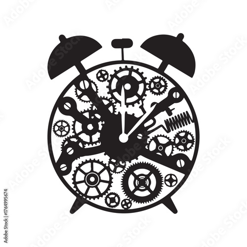 Black and White Alarm Clock Outline Revealing Intricate Gears Mechanism