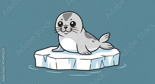 Cute cartoon seal pup on an iceberg floating in the ocean with a happy expression