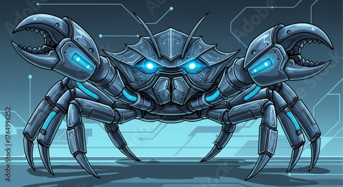 Robotic crab with glowing blue eyes and claws standing on a circuit board floor