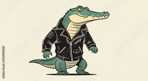 Cartoon alligator wearing a leather jacket standing on a plain background art