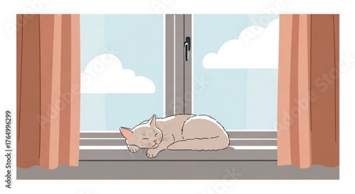Cat is sleeping peacefully on a window sill with curtains and a cloudy sky view