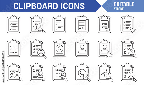 Clipboard Outline Icons — Editable Stroke Vector Illustrations of Notes, Files, and Reports