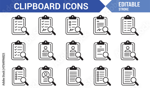 Editable Vector Clipboard Set — Outline Icons of Paperwork, Documents, and Management Tools