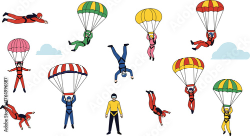 Skydiving, Parachute, Freefall, Adventure, Air, Jump, Sport, Cloud, Flight, Suit, Group, Colorful, Motion, Extreme, Outdoor, Activity, Team, Landing, Fun, Altitude