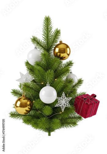 A vibrant fir branch adorned with golden baubles, matte white ornaments, star accents, and warm fairy lights, next to a velvet gift box, on a seamless transparent background, high-end festive display
