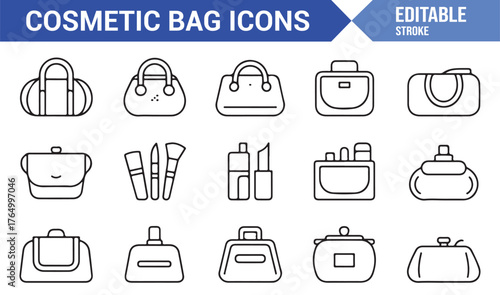 Editable Stroke Vector Icons of Cosmetic Bags — Line Art of Brushes, Lipsticks, and Pouches