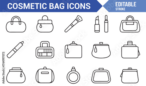 Vector Cosmetic Bag Collection — Outline Icons of Makeup Products and Beauty Storage Items