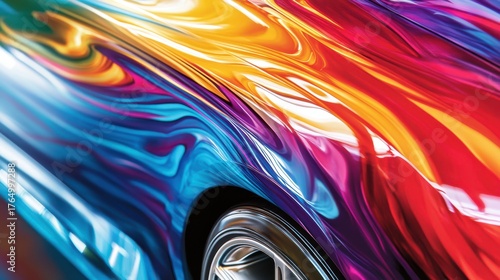 Abstract colorful paint swirl on a car surface, vibrant, dynamic, fluid motion, automotive art, high gloss finish
