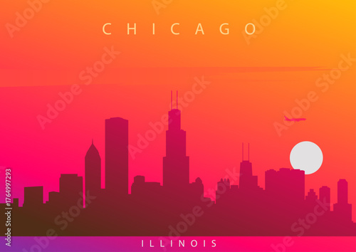 Chicago skyline at sunset. A picturesque illustration of the downtown skyline against a vivid evening sky. Illinois, USA