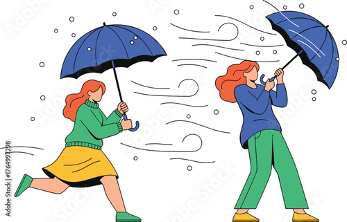 Wind, Storm, Umbrella, Weather, Cartoon, Struggle, Walking, Blustery, Rain, Red Hair, Green Sweater, Yellow Skirt, Blue Top, Strong, Gust, Outdoor, Challenge, Motion, Expression, Scene