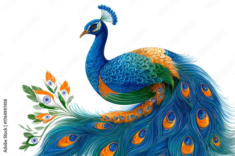 Fototapeta premium Peacock. Popular geometric composition. India. Indian flag. East. For designers, marketers, IT professionals. Popular image, illustration.