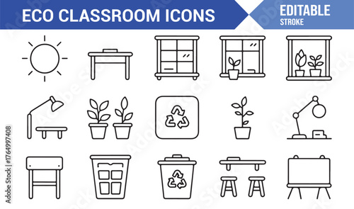 Sustainable Classroom Icon Pack — Outline Vector Illustrations of Eco Learning and Recycling Concepts