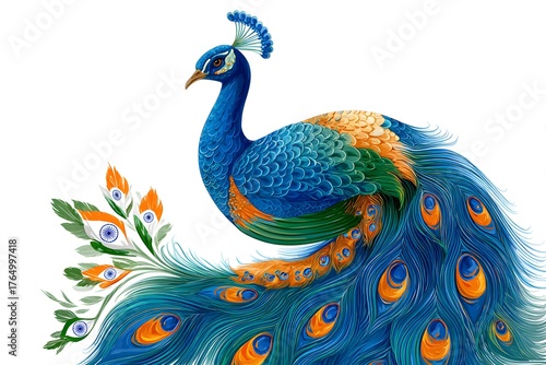 Peacock. Popular geometric composition. India. Indian flag. East. For designers, marketers, IT professionals. Popular image, illustration.