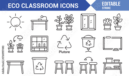 Editable Vector Eco Classroom Icons — Line Art of Green School Interior and Furniture Items