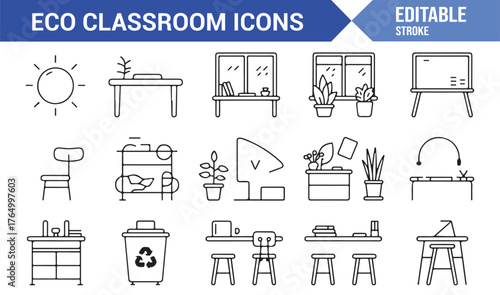 Eco Classroom Icons Collection — Editable Stroke Vector Illustrations of Sustainable School Furniture and Green Learning Items